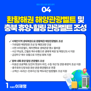넷째, 환황해권 해양관광벨트와 충북 휴양‧힐링 관광벨트를 조성하겠습니다.